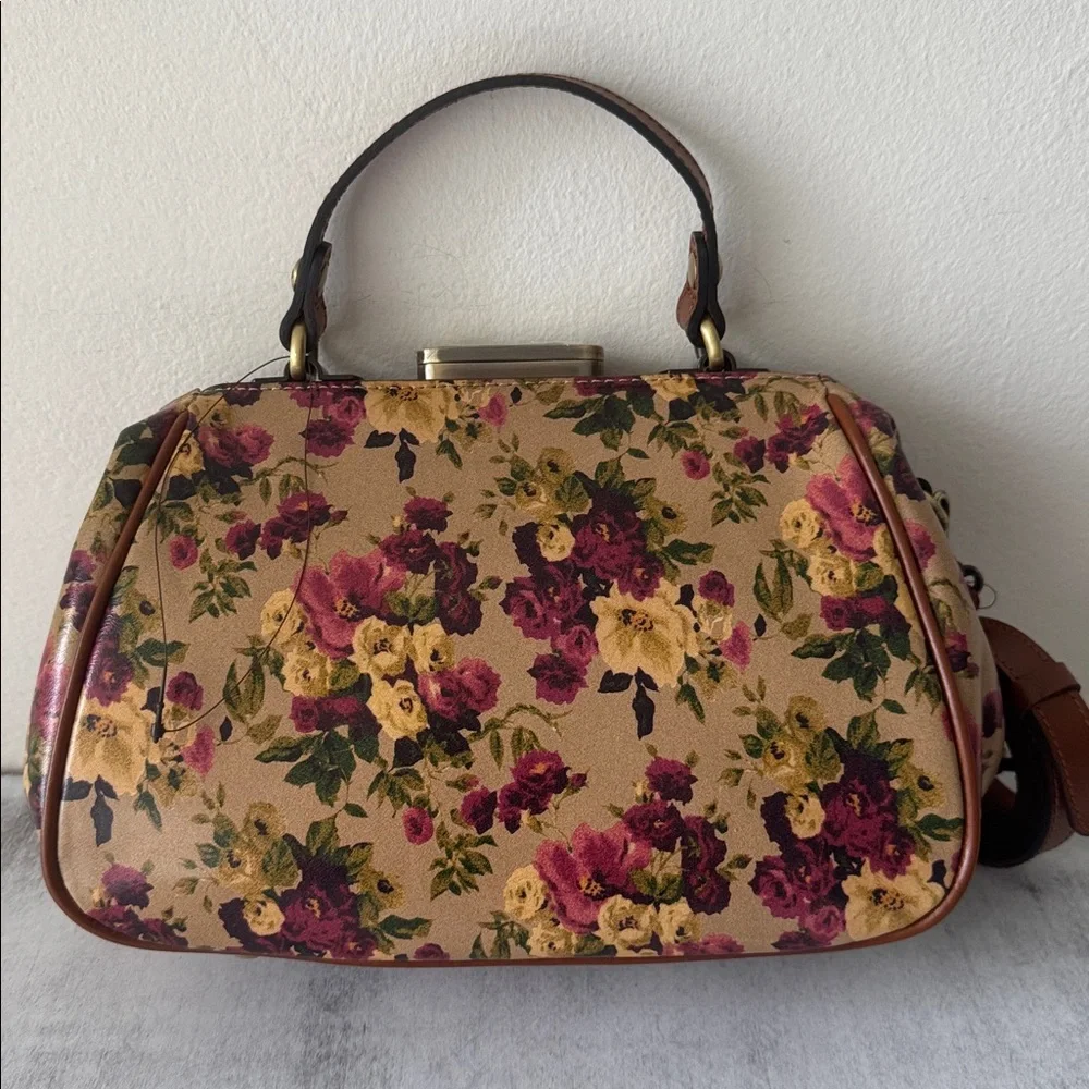 Patricia Nash Gracchi Antique Rose Tan Framed Leather Satchel Xbody Floral
